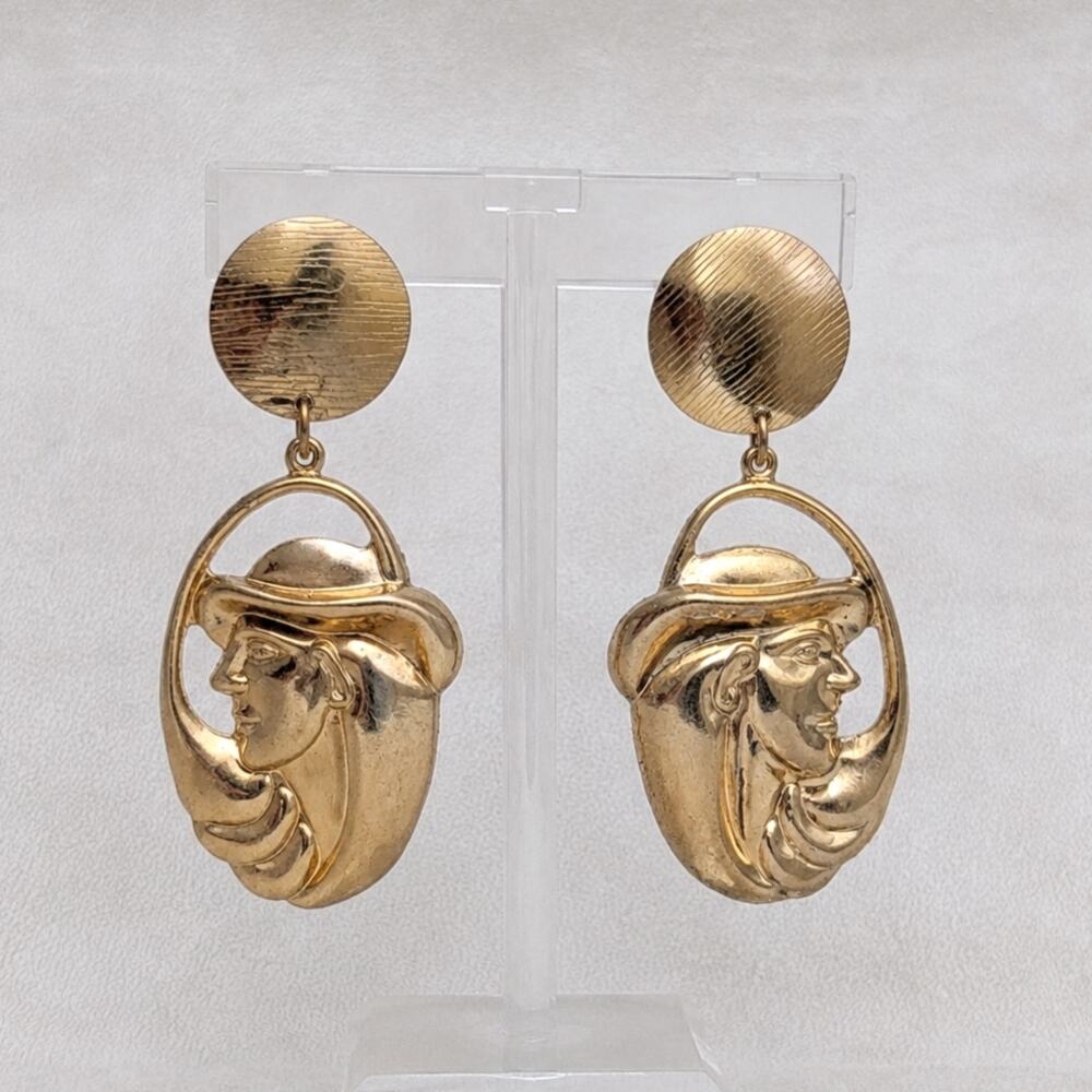 Vintage Clip On Earrings Antique Gold Tone Women's Silhouette Dangle